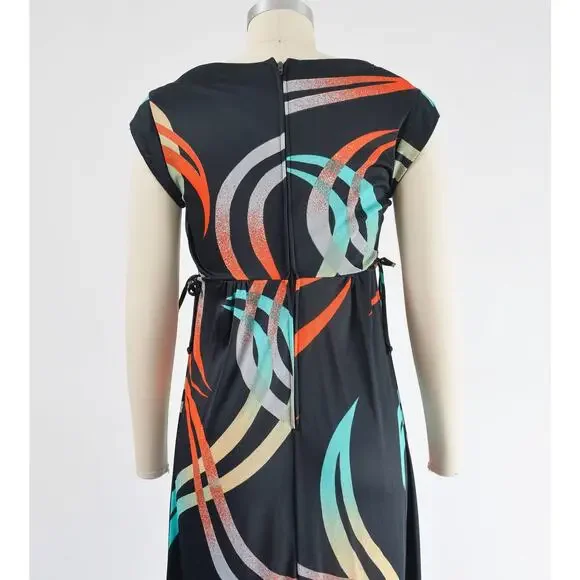 Vintage Black Maxi Dress with Red and Blue Accents - Picture 7 of 9